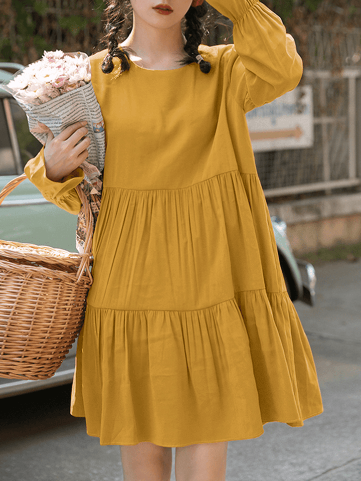 Women Cotton Solid Color Pleats O-Neck Long Sleeve Casual Dress - MRSLM