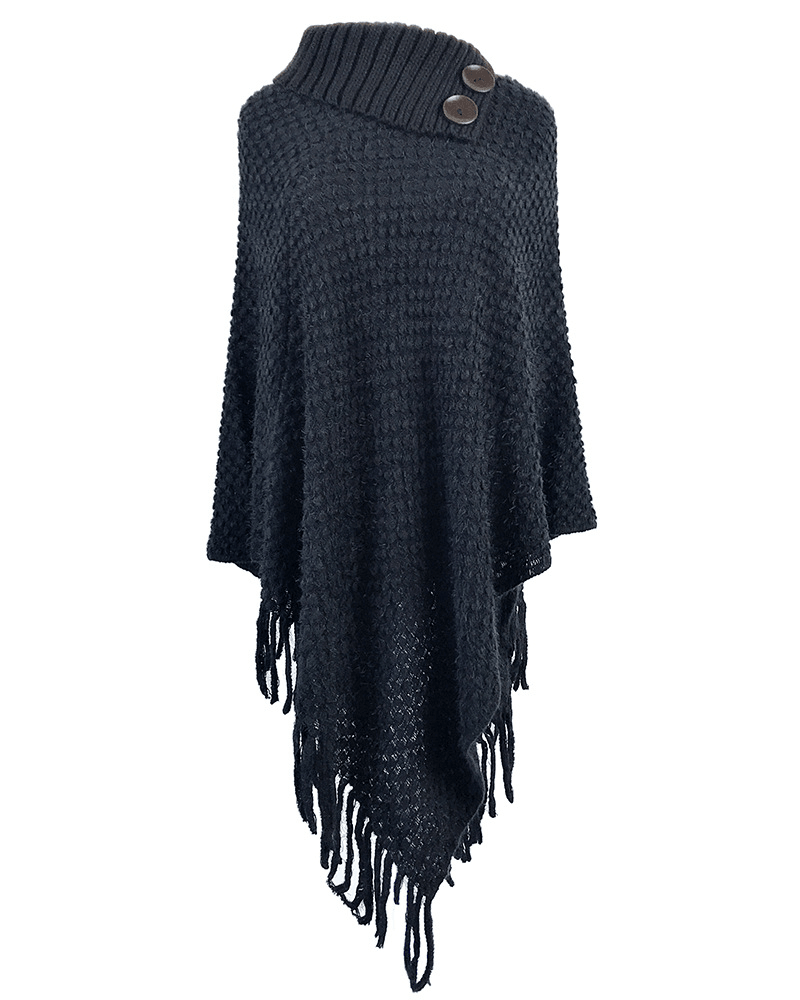 Women Solid Button Irregular Hem Shawl Tassel Sweaters - MRSLM