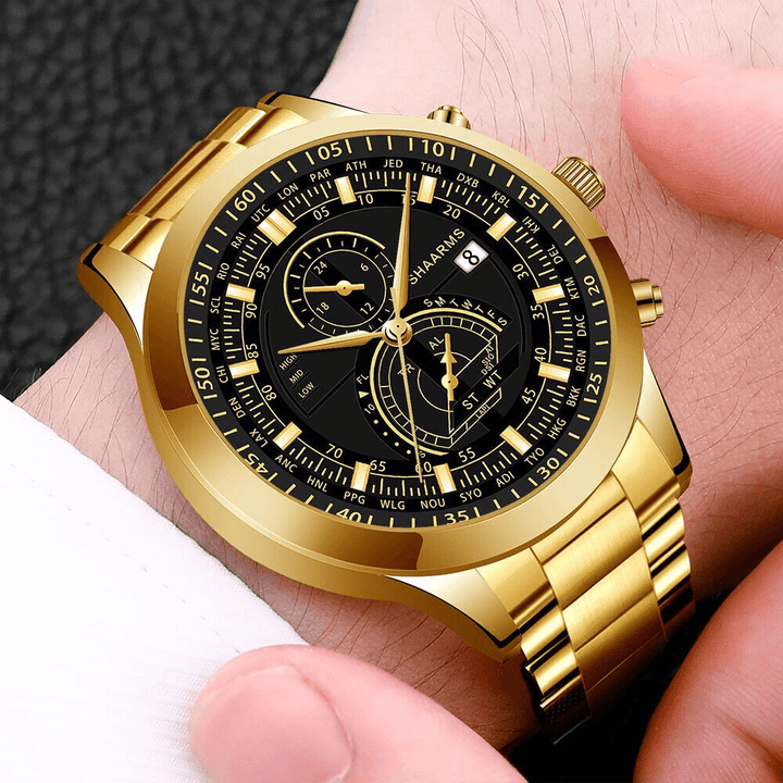 Fashion Elegant Alloy Stainless Steel Business Band Quartz Watch Two-Eye Calendar Men Watch - MRSLM