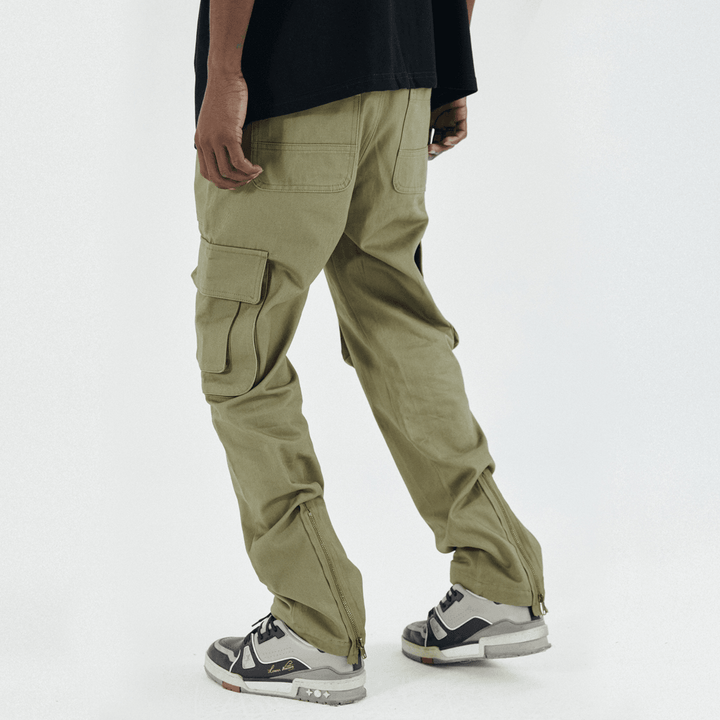 Army Green Pocket Zipper Straight Workwear Casual Pants - MRSLM