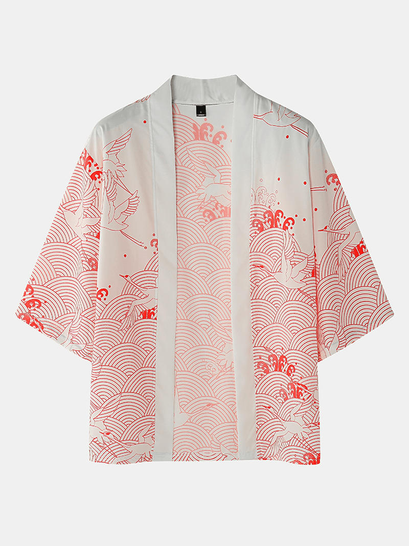 Mens Kimono Crane Propitious Clouds Pattern & Drawstring Two Pieces Outfits - MRSLM