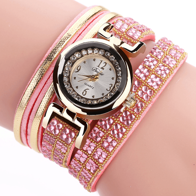 DUOYA Fashion Style Leather Band Bracelet Winding Rhinestones Dial Quartz Moement Ladies Watches - MRSLM