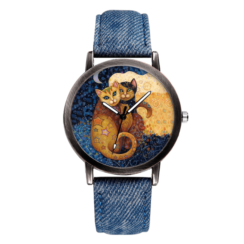 Temperament Cartoon Cat Blank Dial All-Match Denim Strap Women Quartz Watch Wristwatch - MRSLM