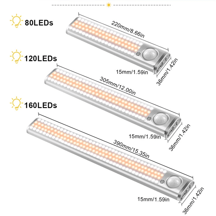 80/120/160Leds 3 Light Colors PIR Motion Sensor Led Cabinet Light Dimmable Wardrobe Closet Lights USB Rechargeable Night Lamp 3 Modes - MRSLM