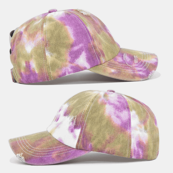 Unisex Colored Tie-Dye Ponytail Baseball Cap Broken Hole Big Brim Breathable Stretch Fit Cap - MRSLM