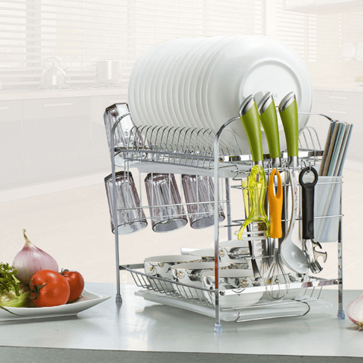 2 Tiers Dish Drying Rack Stainless Steel over Sink Kitchen Cutlery Bowl Storage Holder - MRSLM