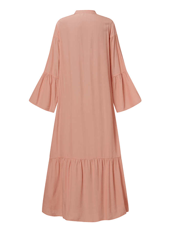 Women Tiered Button up O-Neck Pleated Casual Flare Sleeve Maxi Swing Dresses - MRSLM