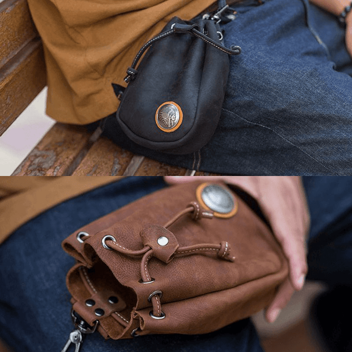 Men Genuine Leather Retro String Pocket Badge Decoration Waist Bag 6.3 Inch Phone Bag - MRSLM