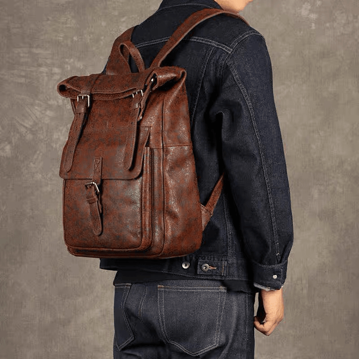 Ekphero Men Women PU Leather Vintage Large Captial Backpack Laptop Bags School Bag Shoulder Bags - MRSLM