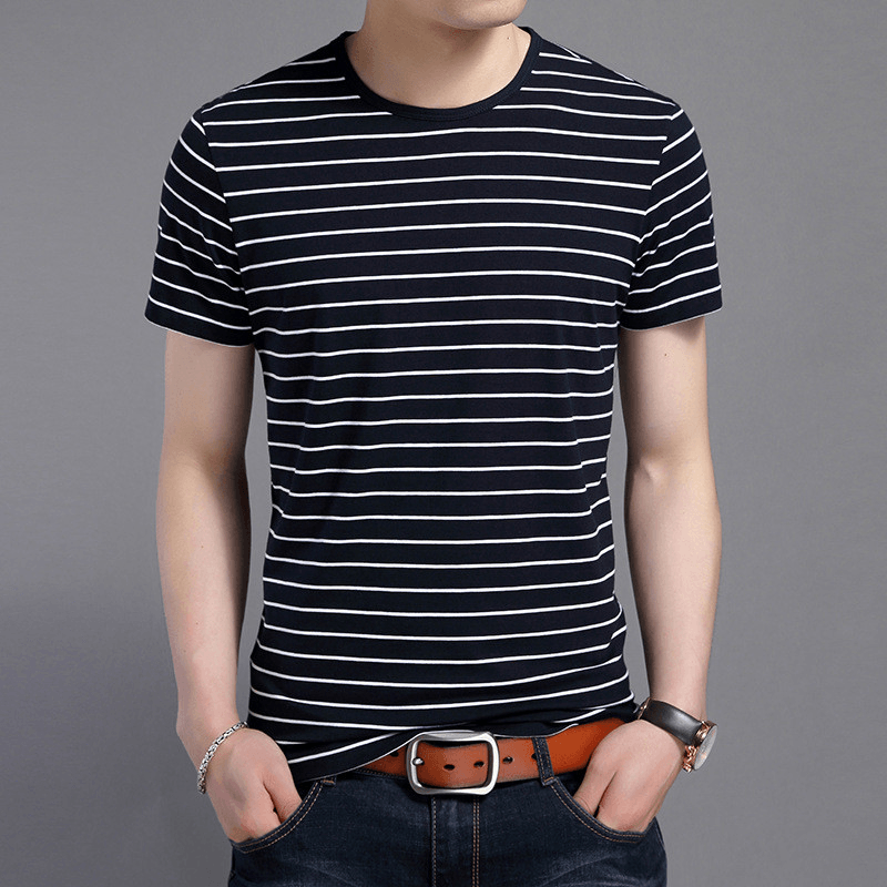 Round Neck Pullover Men'S Short-Sleeved T-Shirt Korean Style Slim Men'S Stripes - MRSLM