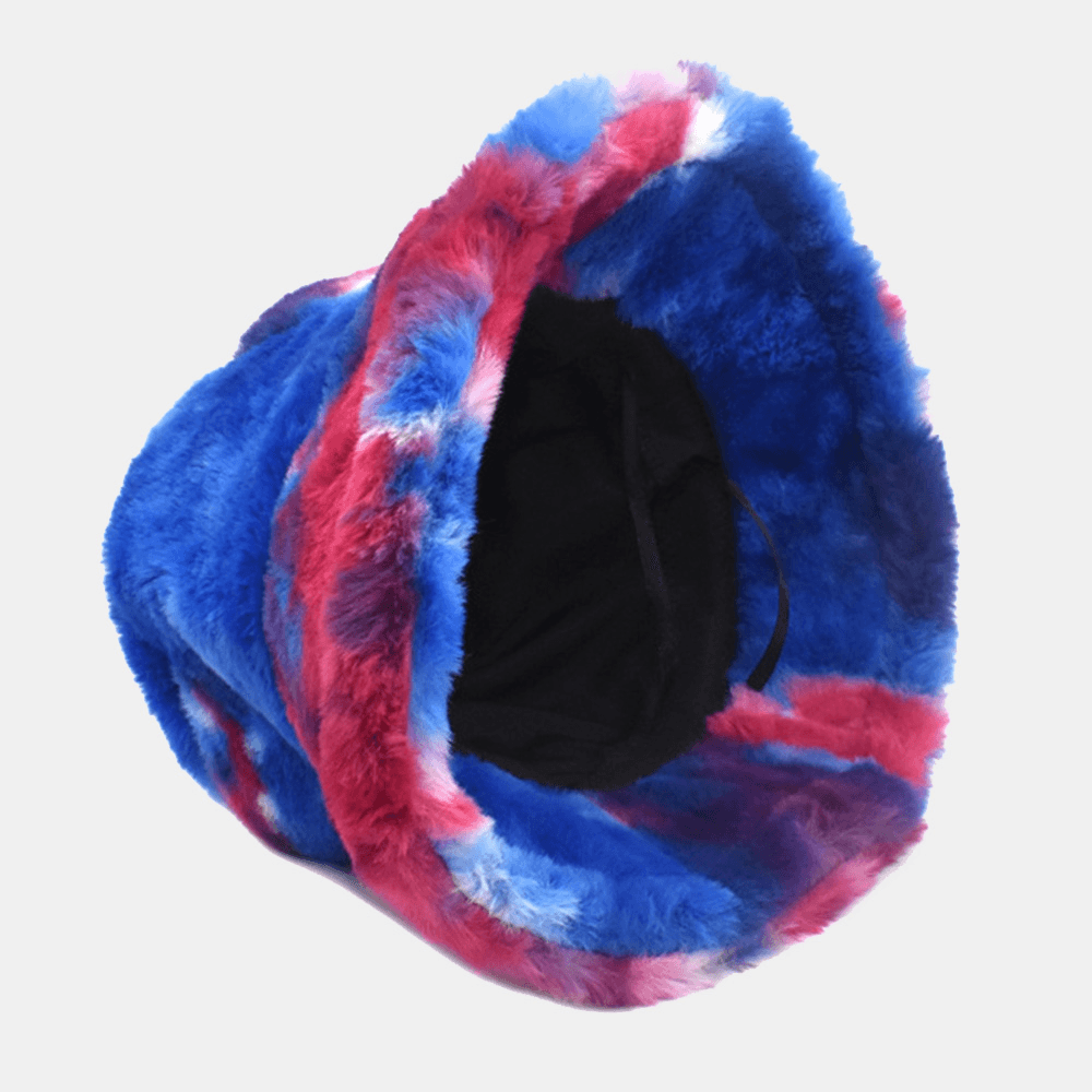 Unisex Faux Rabbit Fur Colorful Gradient Tie-Dye Bucket Hat Winter Thicken Warmth Windproof Fashion Sunshade Hat - MRSLM