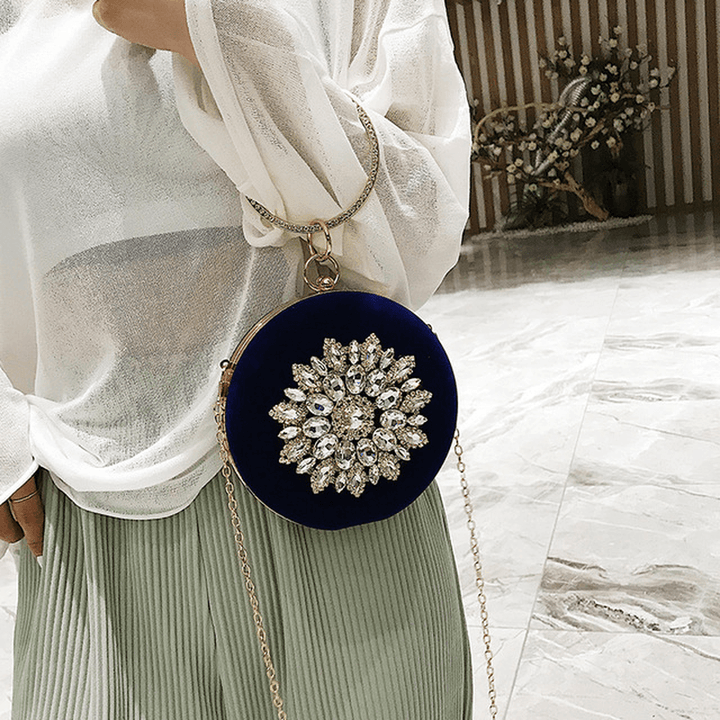 Female Small Bag New Fashion Rhinestones Wild Shoulder Bag Chain Slung Small round Bag Daily Party - MRSLM