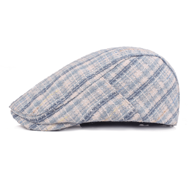 Mens Washed Cotton Plaid Beret Caps Outdoor Sport Adjustable Visor Forward Hats - MRSLM