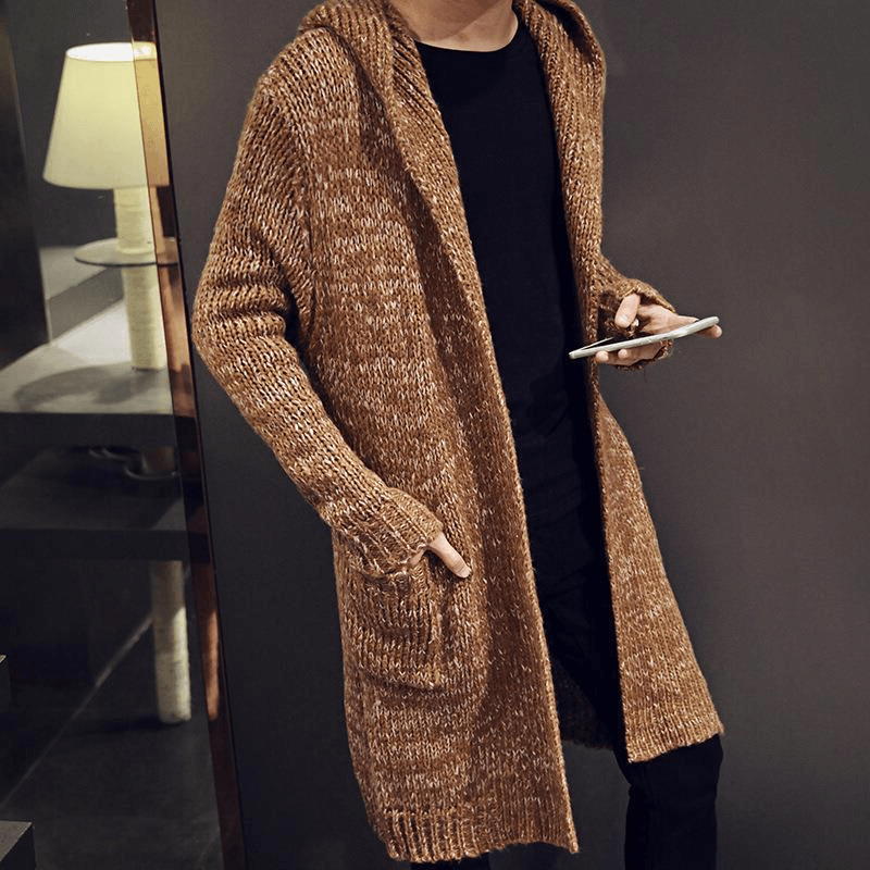 Men'S Hooded Mohair Loose Long Sweater Cardigan Fashion Pocket Knit Sweater Jacket - MRSLM