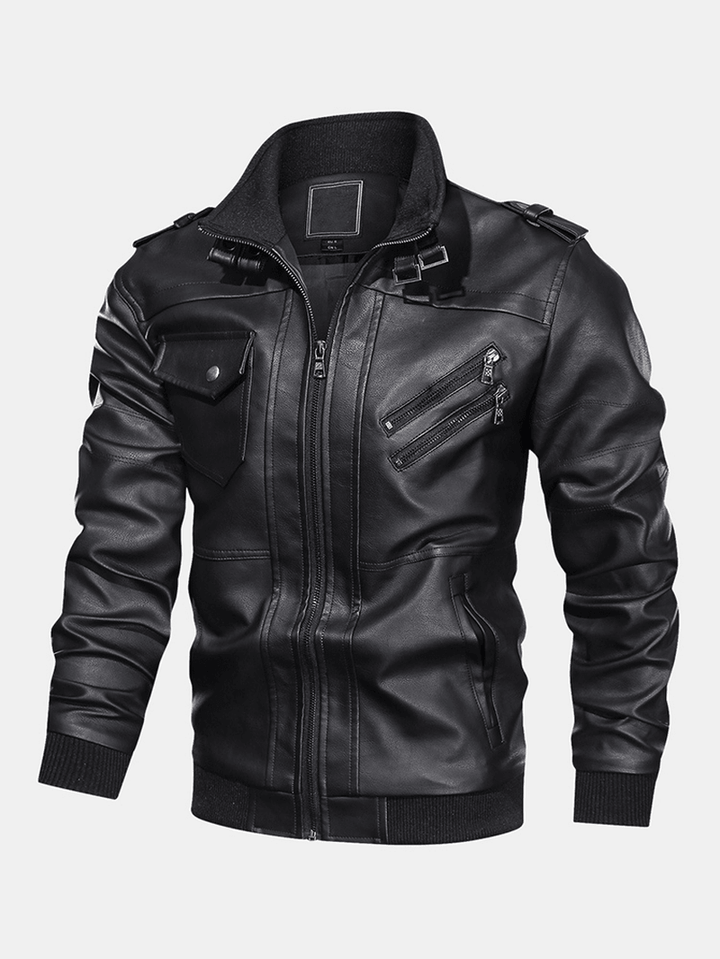 Mens Solid Color PU Leather Zip Front Biker Jackets with Multi Pockets - MRSLM