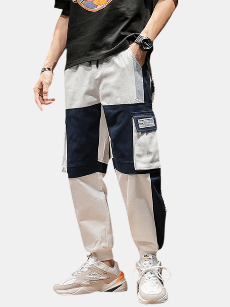 Mens Patchwork Applique Cotton Drawstring Cargo Pants with Utility Pocket - MRSLM