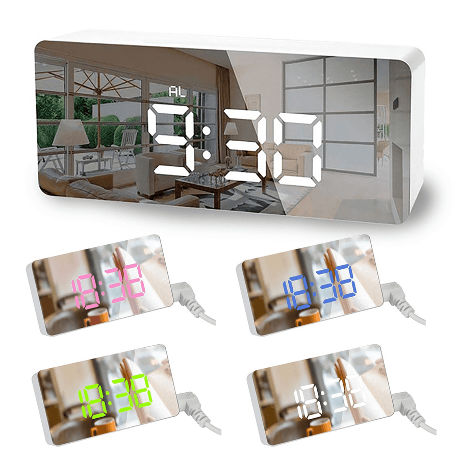 Digital LED Mirror Alarm Clock Bedside Table Time with Thermometer Calendar USB - MRSLM