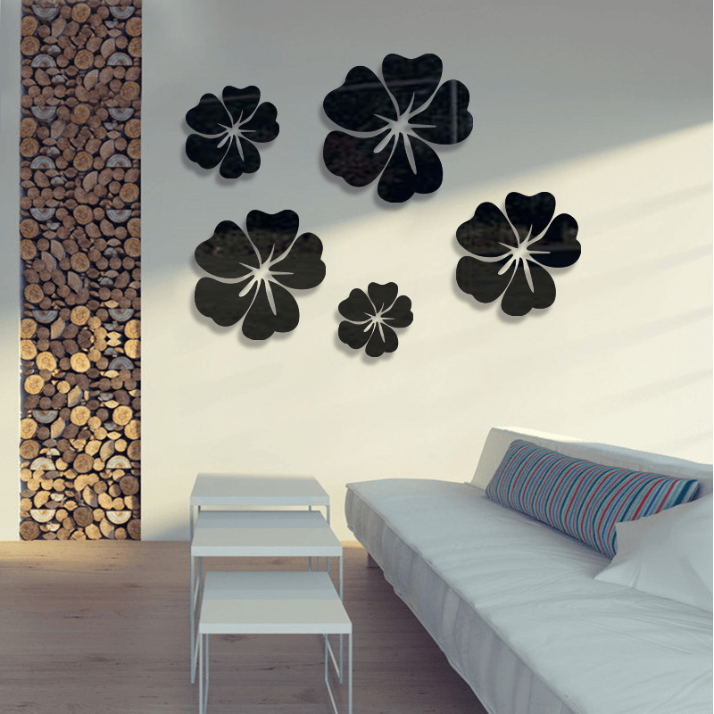 5Pcs Flower Pattern Mirror Sticker Home Decor 3D Decal Art DIY Mural Decal for Living Room Decoration PVC Self Adhesive Poster - MRSLM