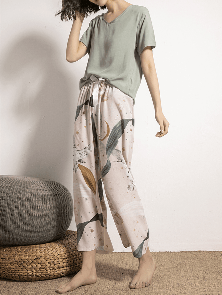 Women V-Neck Tops Tropical Plant Print Wide Leg Pants Casual Pajama Set - MRSLM