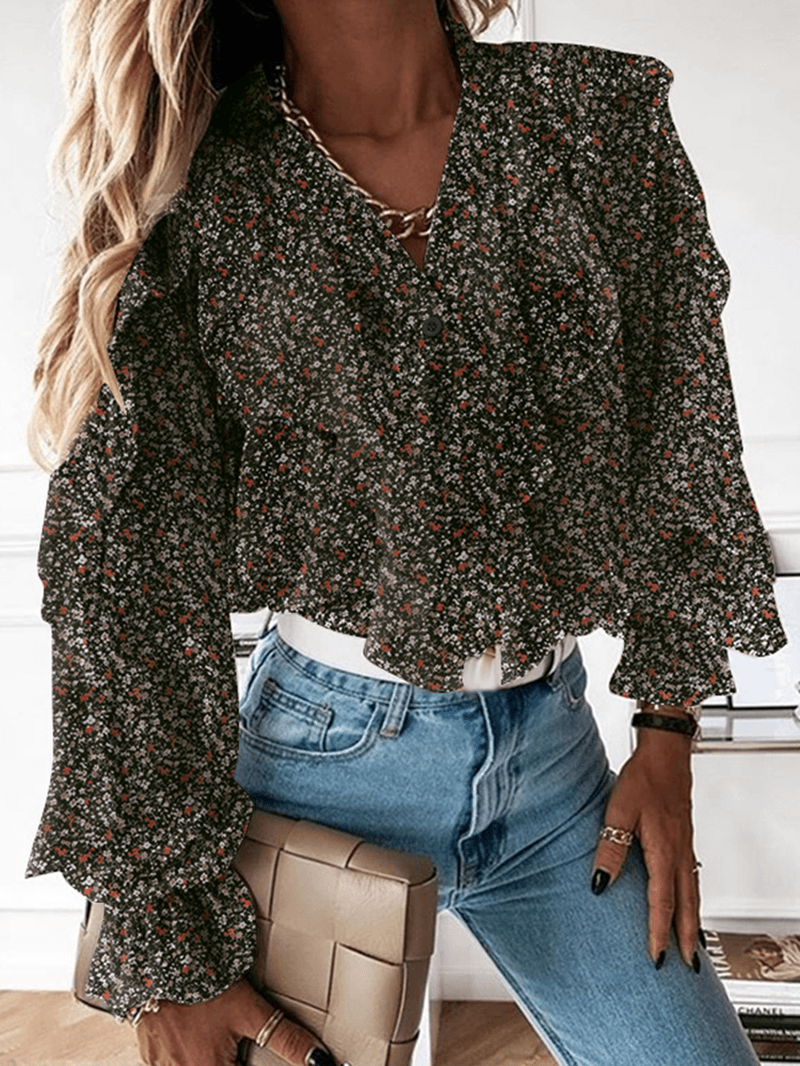 Ditsy Floral Print V-Neck Casual Flounce Sleeve Button Casual Blouses for Women - MRSLM