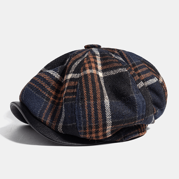 Collrown Men Casual Personality Plaid Pattern Newsboy Hat Octagonal Cap Beret Hat - MRSLM