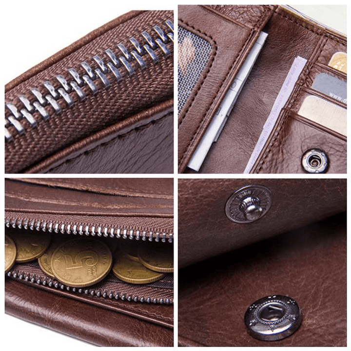 Men Genuine Leather Multifunctional Large Capacity Coin Bag 10 Card Slots Trifold Wallet - MRSLM