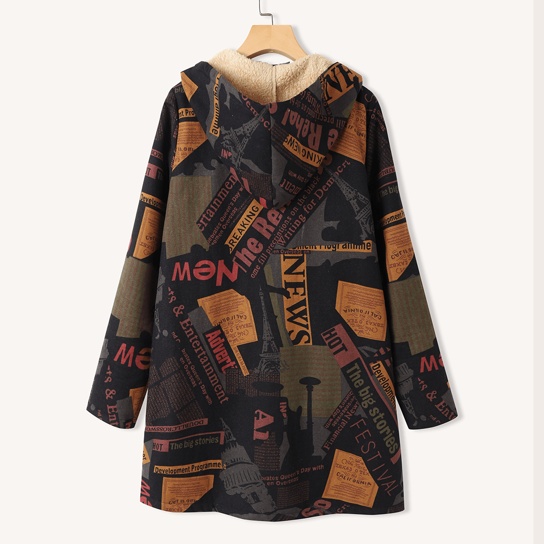 Women Hooded Plush Patchwork Letter Print Pocket Zip Front Long Sleeve Casual Jackets - MRSLM