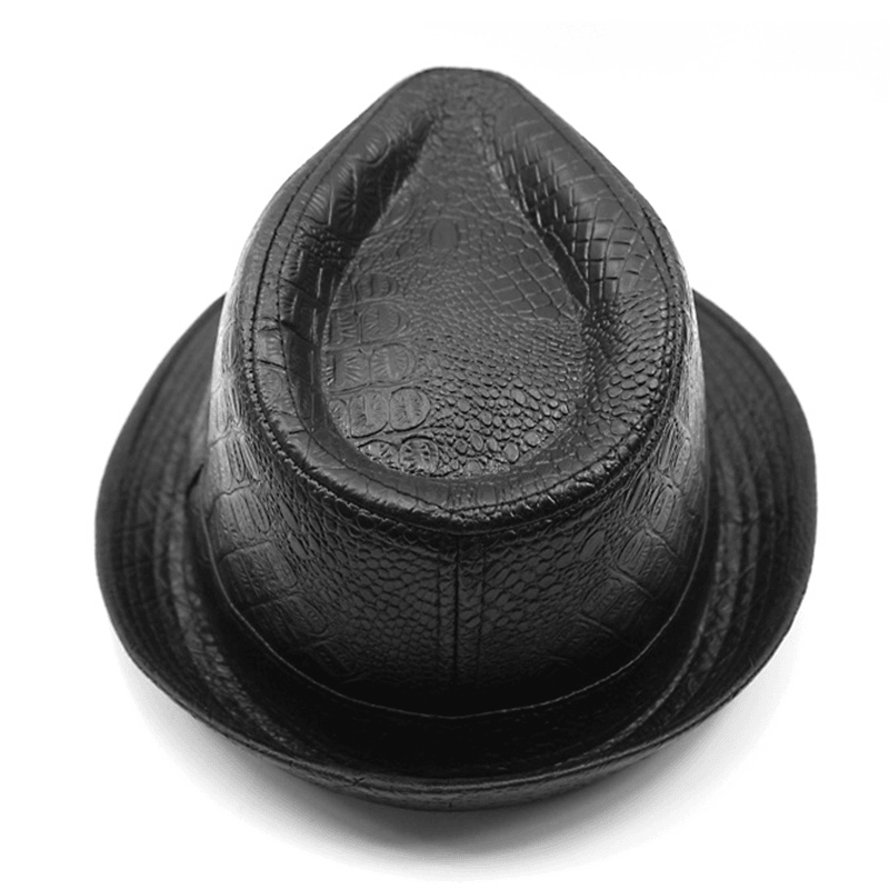 Mens PU Leather Crocodile Pattern Jazz Hat Outdoor Middle-Aged Wide Brimmed Fedora Hats - MRSLM