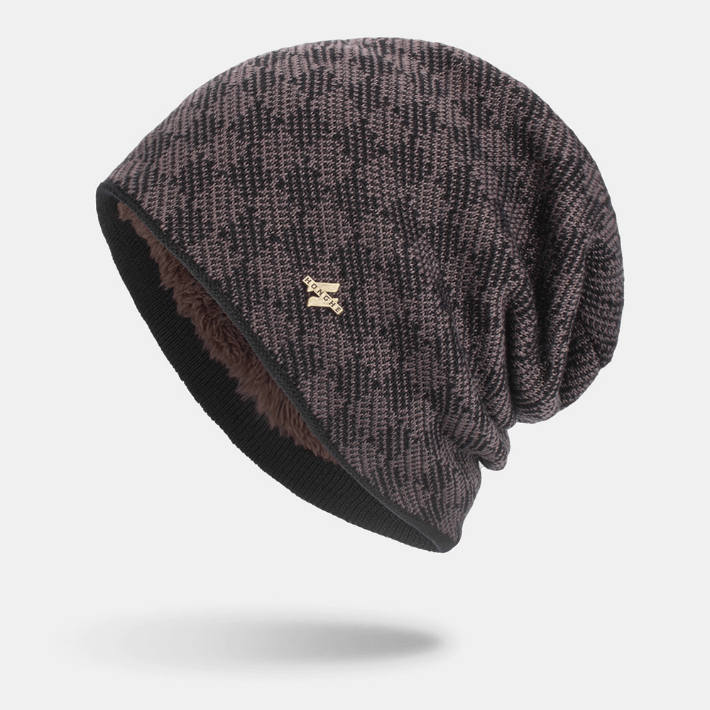 Men Knitted plus Velvet Lattice Jacquard Letter Iron Label Brimless Beanie Hat - MRSLM