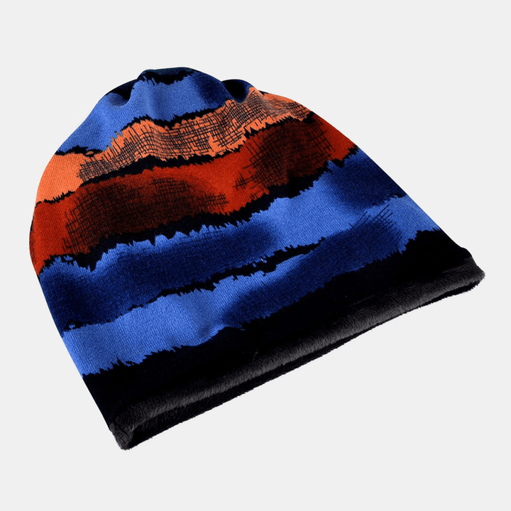 Women Dacron plus Velvet Dual-Use Geometric Stripes Print Warmth Windproof Bib Scarf Beanie Hat Baotou Hat - MRSLM