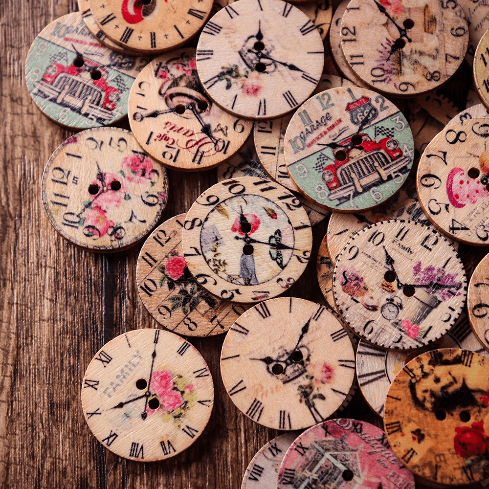 50PCS 25MM 2 Holes Decorative Clock Pattern Log Painted round Shape Fasteners Buttons - MRSLM