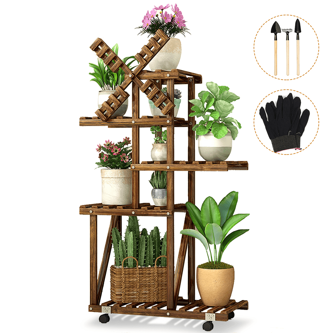 5 Layers Plant Stand Windmill Flower Pot Shelves Indoor Outdoor Garden Planter Shelf Storage Rack with Wheels - MRSLM