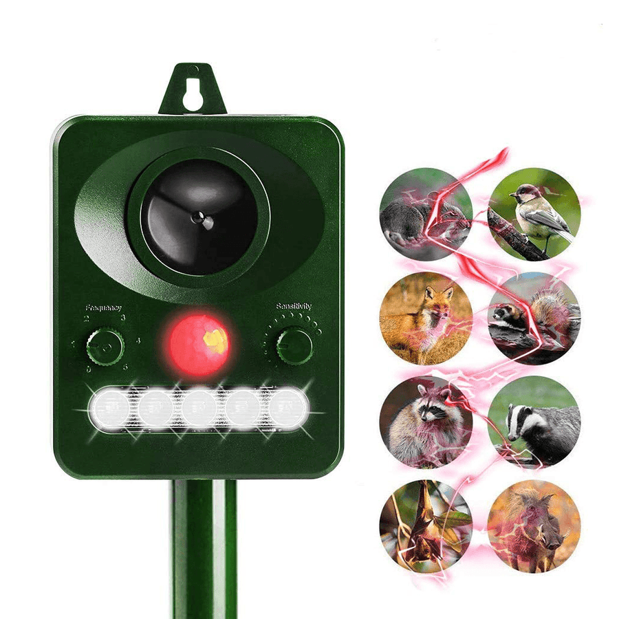 Garden Ultrasonic Animal Repeller PIR Sensor Solar Powered LED Flashlight Dog Cat Mouse Repeller - MRSLM