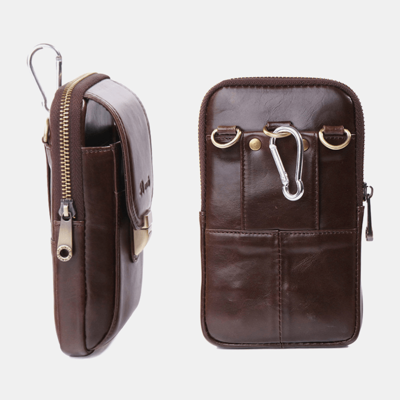 Men Mini Genuine Leather 6.5 Inch Phone Holder Waist Pack Belt Bag Crossbody Bag - MRSLM