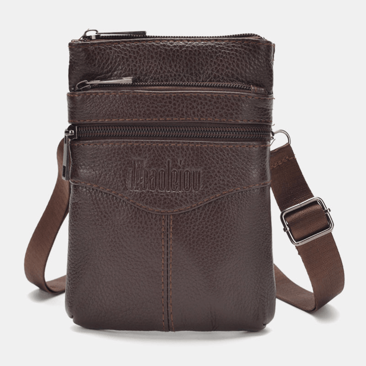 Men Genuine Leather Retro Business Casual 6.3 Inch Phone Bag Multi-Carry Crossbody Bag Waist Bag - MRSLM