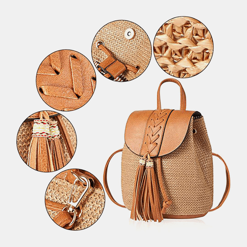 Women Tassel Straw Bag Retro Beach Bag Backpack Bucket Bag - MRSLM