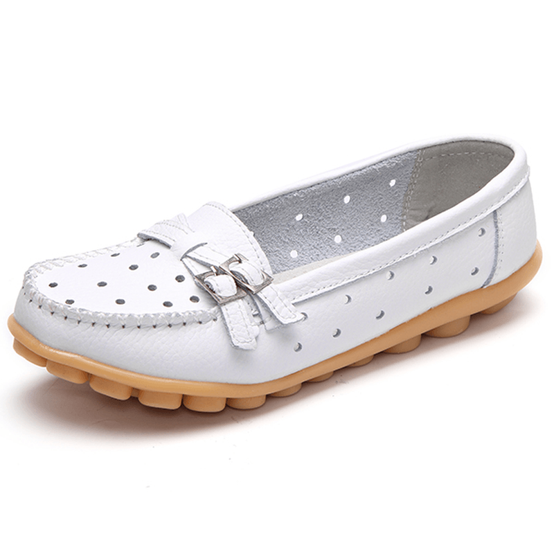 Women Flat Hollow Out Casual Soft Leather Slip on round Toe Loafers - MRSLM