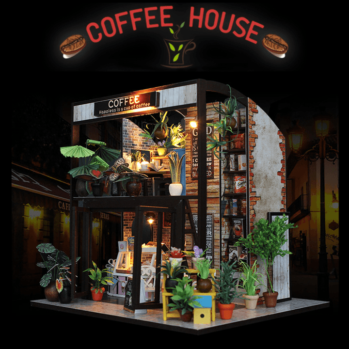 Handcraft DIY Doll House Time Cafe House Wooden Miniature Furniture LED Light Gift - MRSLM