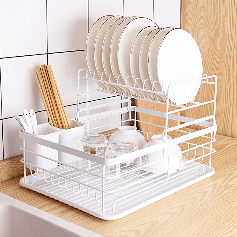 Kitchen Dish Rack Double Layer Drain Tray Hanging Tableware Home Storage Racks - MRSLM