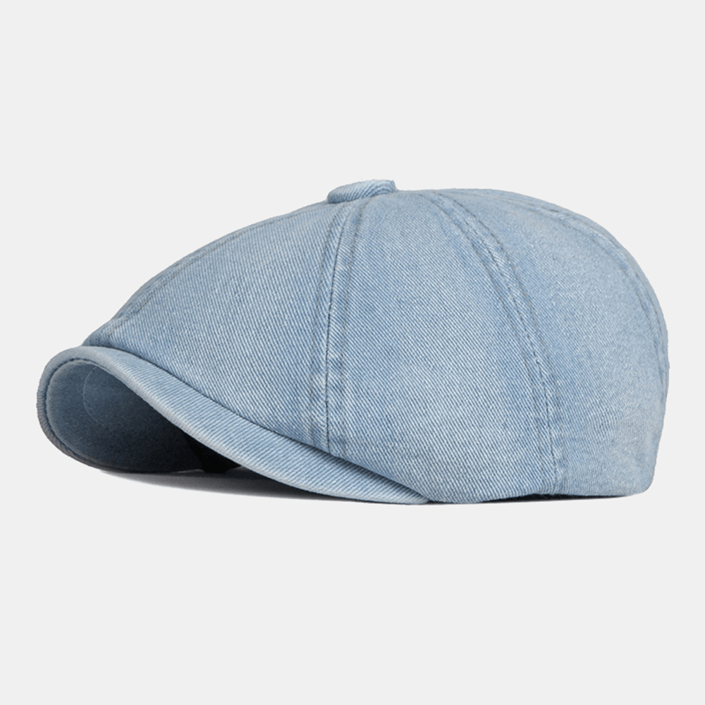 Men Washed Denim Back Elastic Band Design Adjustable Octagonal Hat British Retro Short Brim Newsboy Hat Flat Hat Painter Hat - MRSLM