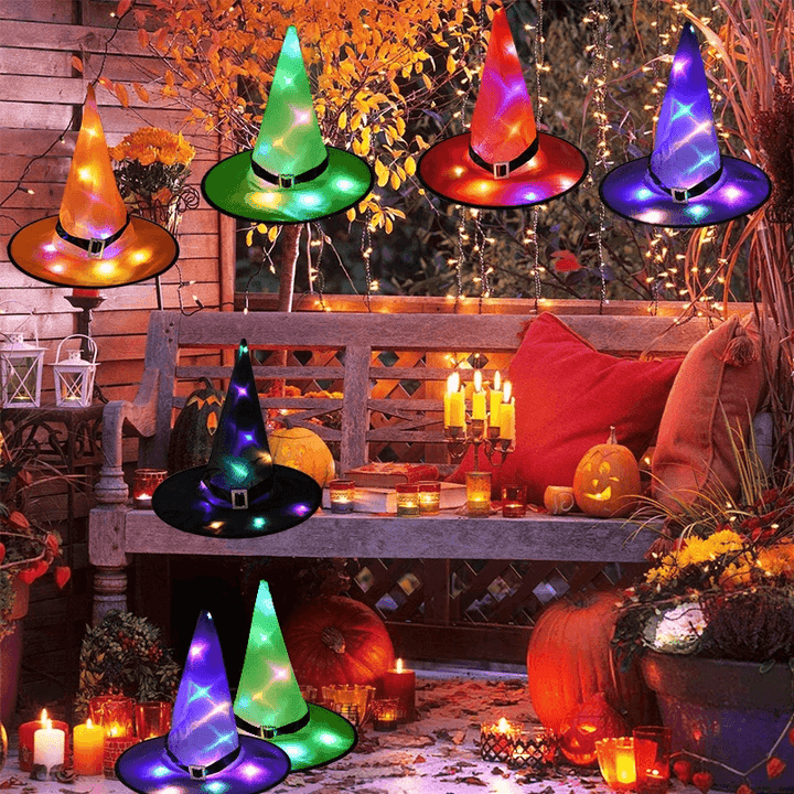 Halloween LED Costume Props Witch Hats LED Lights Cap for Halloween Outdoor Tree Hanging Ornament Home Glow Party Decor - MRSLM