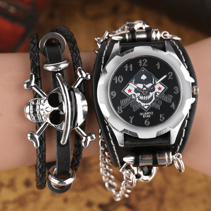 Vintage Square Dial Men Watch Hollow Skull Leather Quartz Watch - MRSLM