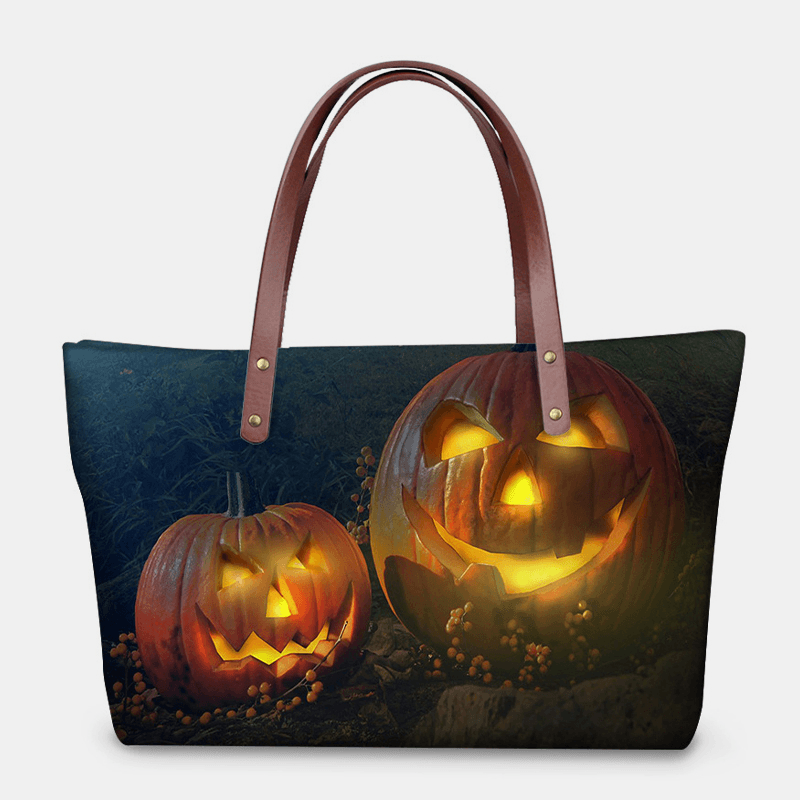 Women PU Leather Neoprene Halloween Style Pumpkin Skull Festival Pattern Large Capacity Mom Bag Student Bag Shoulder Bag Handbag - MRSLM