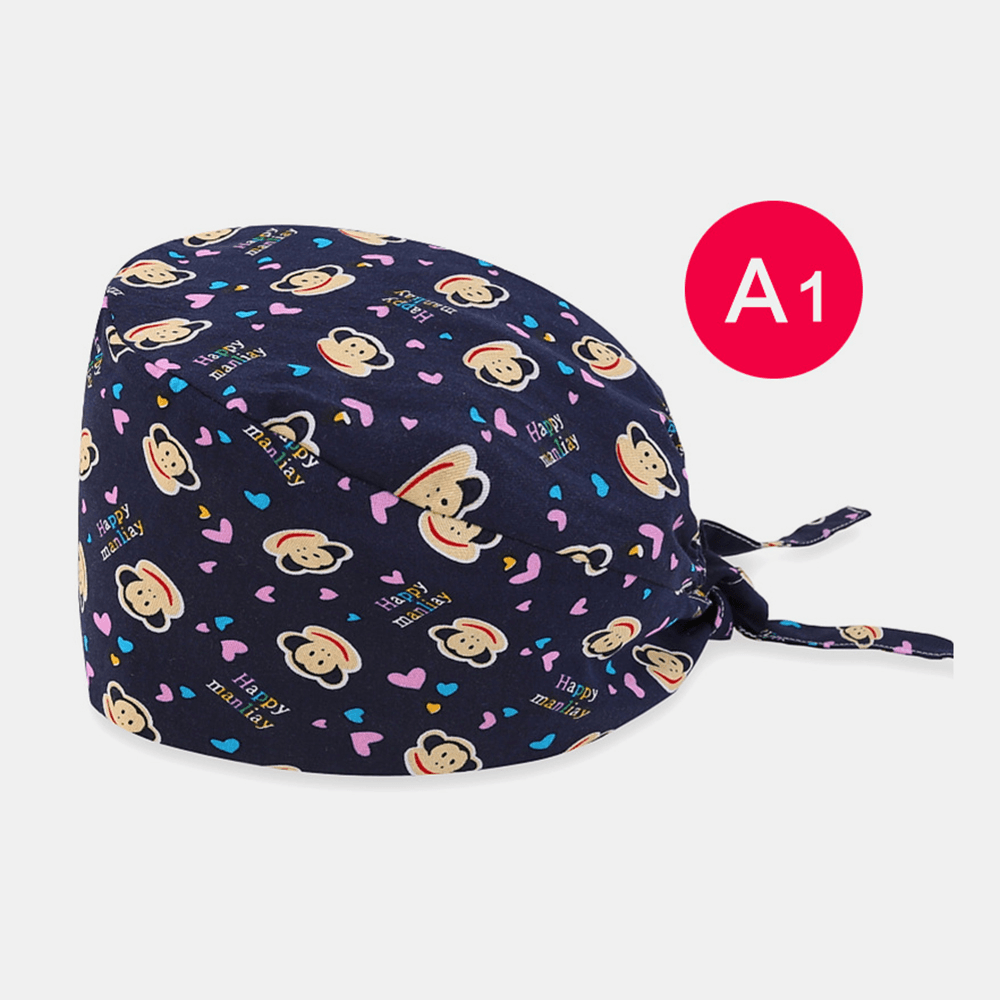 Cartoon Print Floral Elegance Tie-Back Surgical Caps Scrub Hat - MRSLM