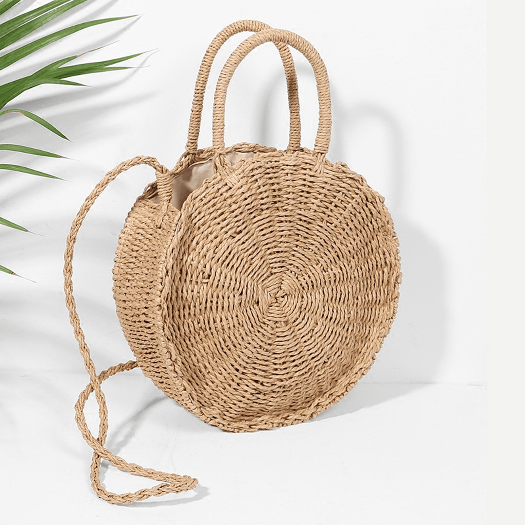 Women Hand Woven Bag round Rattan Straw Bohemia Style Beach Circle Beach Bags - MRSLM