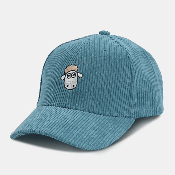 Unisex Cartoon Sheep Embroidery Baseball Cap Casual Wide Brim Stripe Sunshade Suncreen Corduroy Hat - MRSLM