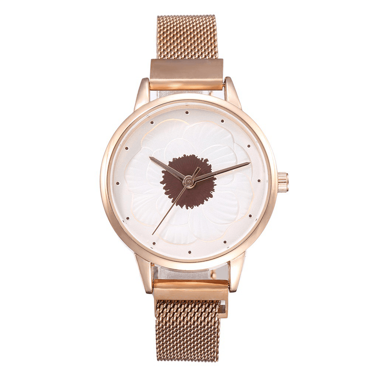 KH019 Fashion Elegant 3D Flower Pattern Magnetic Buckle Milanese Mesh Steel Strap Ladies Wristwatches Quartz Watch - MRSLM