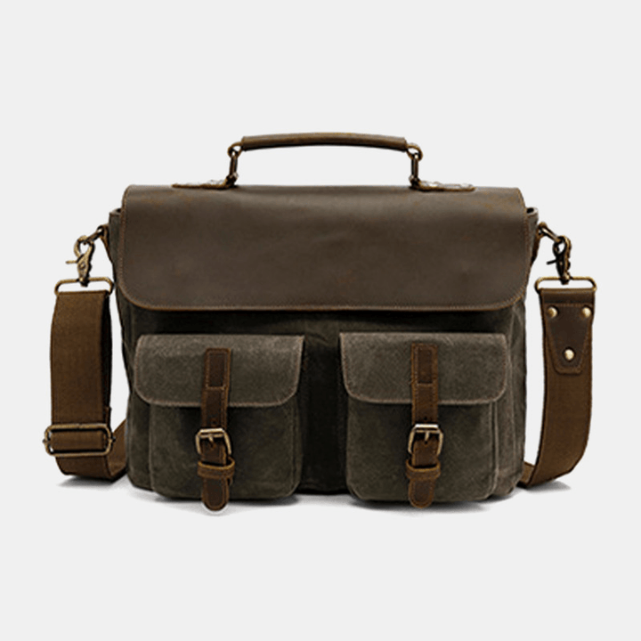 Men Vintage Multi-Pockets Wear-Resistant Genuine Leather Briefcase Crossbody Shoulder Bag - MRSLM