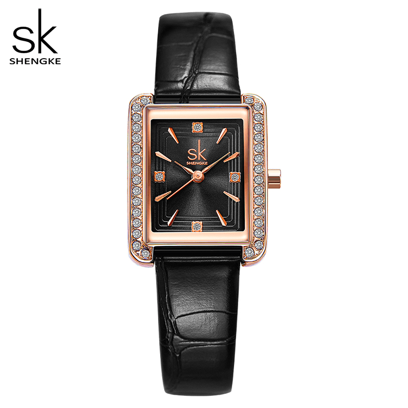 Shengke K0151 Rhinestone Decoration Rectangular Dial PU Leather/ Steel Mesh Strap 3ATM Women Quartz Watch - MRSLM