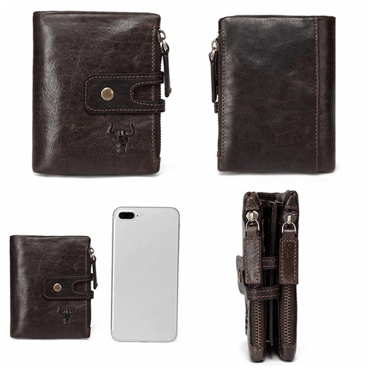 Men Genuine Leather RFID Antimagnetic Double Zipper Wallet - MRSLM